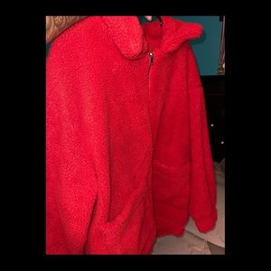 Red oversized Borg coat